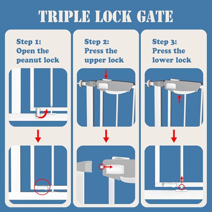 DEARBB Triple Lock Baby Gate for Stairs Doorways and House 31" to 86" Extra Wide Pressure Mounted Easy Walk Through Auto Close Safety Pet Gate White 49.21-67.32"
