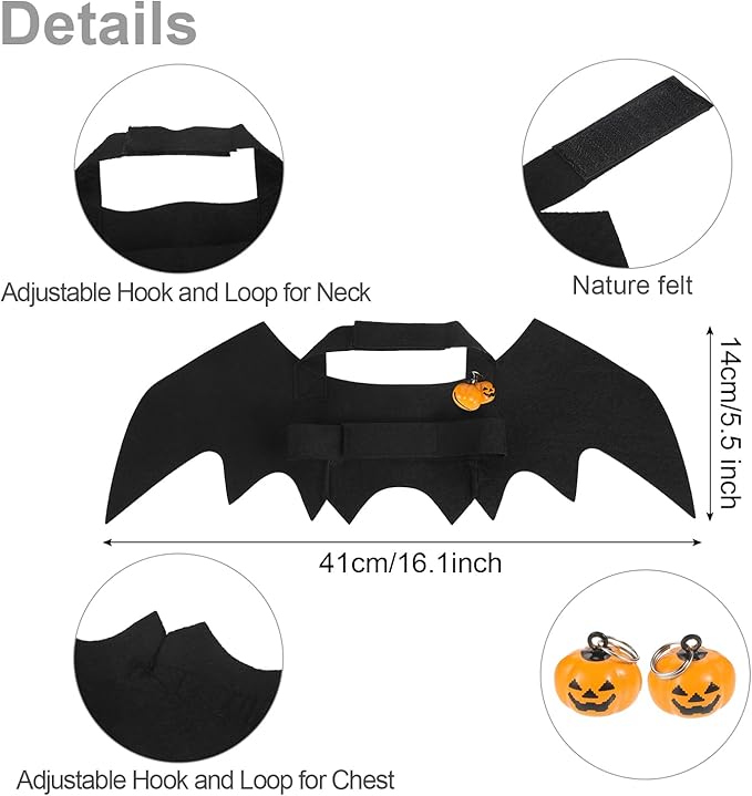 Boao 4 Pcs Halloween Cat Costume Pet Bat Wings with Pumpkin Bells Accessory Puppy and Cat Halloween Cute Dress up Accessories