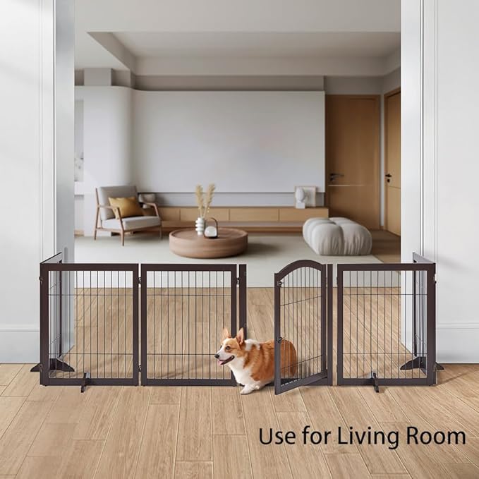 unipaws 144" Extra Wide Dog Gate and Playpen, Free Standing 31.5" Tall Pet Fence with Walk Through Door, Barriers for Home, Use as Indoor Dogs Cats Rabbit Pen, Espresso