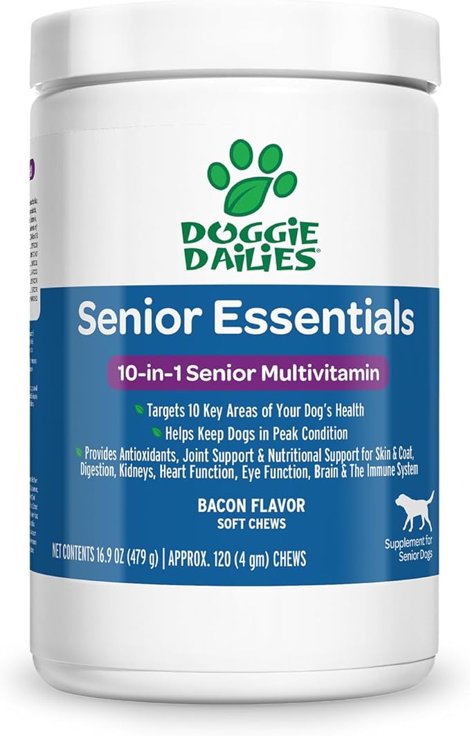 Doggie Dailies Senior Essentials Multivitamin for Dogs Soft Chews | Advanced Dog Multivitamin | Nutritional Support for Joints, Skin & Coat, Digestion, and the Immune System | Bacon Flavor | 120 Count