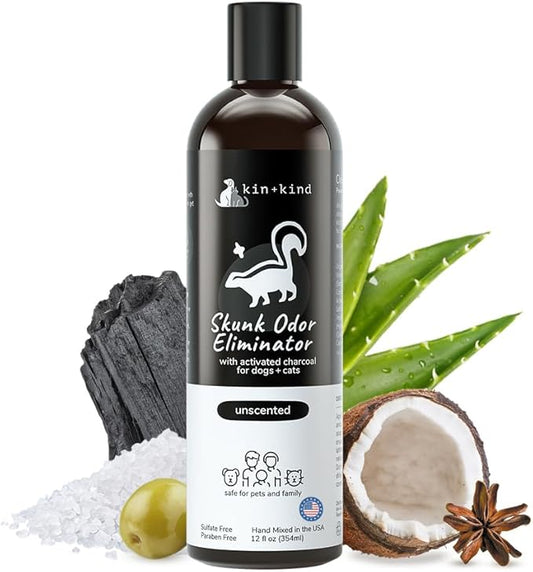 kin+kind Skunk Shampoo for Dogs & Cats - Activated Charcoal Odor Eliminator(12 fl oz) - Safe for Dogs and Cats, Removes Skunk Scent - Natural Blend with Coconut and Olive Oil - Unscented - Made in USA