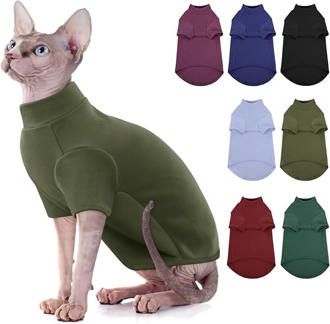 SUNFURA Turtleneck Sweater for Cat, Sphynx Cats Shirt Hairless Cat Sweaters with Sleeves, Warm and Soft Kitten Pullover Fleece Winter Pajamas Jumpsuit for Puppy Cats, ArmyGreen XL