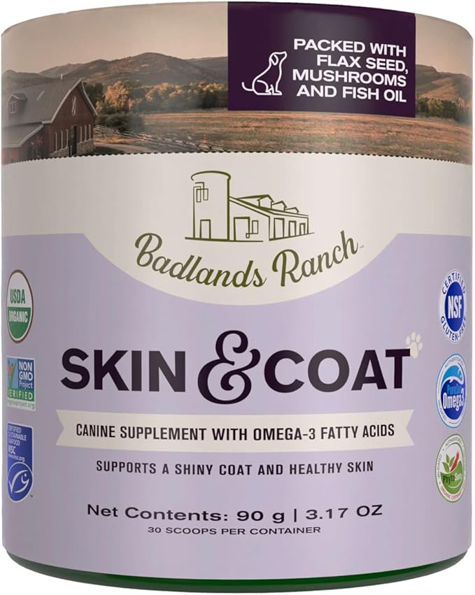 Badlands Ranch - Skin & Coat Canine Supplement w/Omega-3 Fatty Acids, Org. Ingredients, Antioxidant Topper, Nourish Coat &Paws, Joint, Support Shiny Coat & Healthy Skin by Katherine Heigl (30 Scoops)