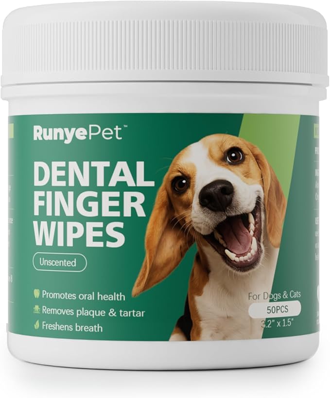 Pet Dental Finger Wipes for Dog & Cats, Remove Bad Breath by Removing Plaque and Tartar Buildup No-Rinse Dog Finger Toothbrush, Disposable Gentle Cleaning & Gum Care Pet Wipes, 50 Counts