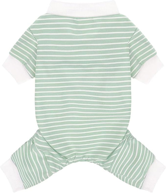 Paiaite Green Striped Dog Pajamas: 4-Legged Cotton Stretchable Jumpsuit Pjs - Lightweight Cozy Puppy Onesie Clothes, Comfortable Pet Sleepwear for Hair Shedding Coverage 3XL