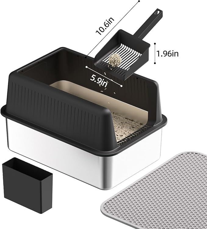 Stainless Steel Cat Litter Box with Lid,XL,19.7”L x 13.8”W x 11.8”H Deep,Metal Litter Box with High Side,for Small and Large Cats,with a Scoop and Scoop Storage Box Litter Mat Double,Easy Cleaning