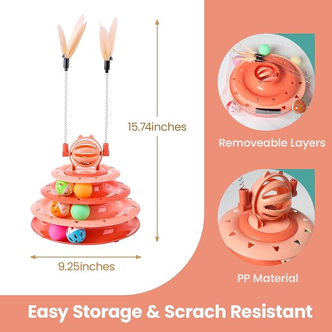 Kitten Toys, Interactive Cat Puzzle Toys for Indoor Cats, Cat Tower with 2 Kitty Teasers and Ball Track (Orange)