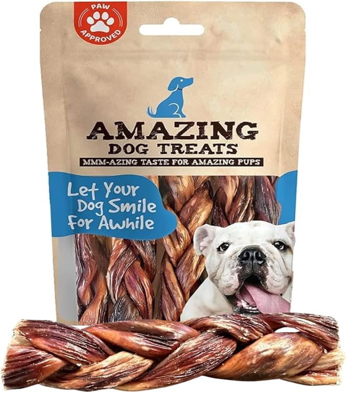 Amazing Dog Treats - 6 Inch Braided Gullet Stick (8 Pc/Pack) - Beef Esophagus Dog Treats