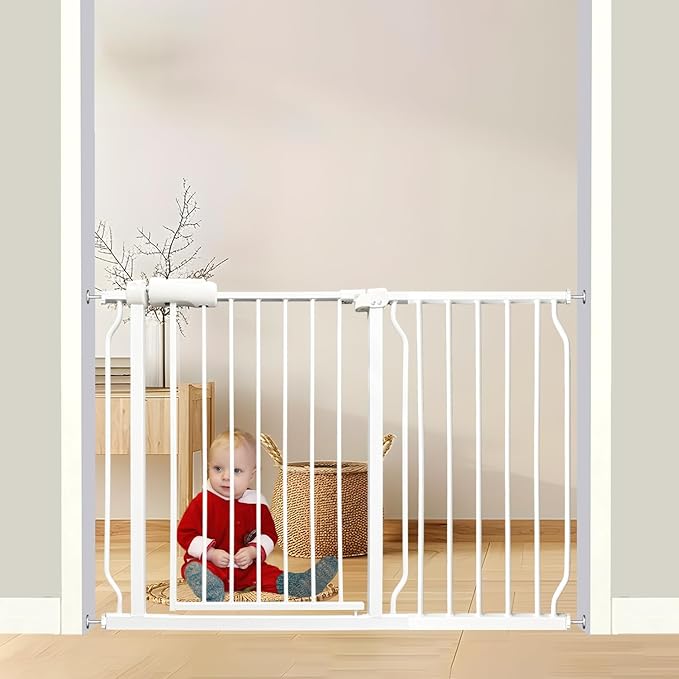Extra Wide Baby Gate - 43.3-48 Inch Tension Mounted Safety Child & Pet Gate - White Metal - Walk Through - Long - for House Doorways & Stairs