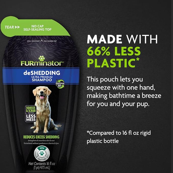 FURminator DeShedding Shampoo Squeezable Pouch,16 Fluid Ounces, Moisturizing Deshedding Shampoo for Dogs in Self-Sealing,Spill-Resistant Pouch Helps Reduce Excess Shedding and Nourishes Skin and Coat