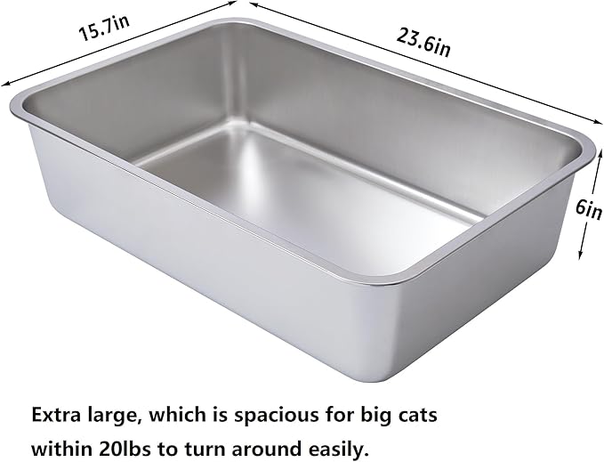 Stainless Steel Litter Box XL, Metal Cat Litter Box High Sides，23.6"x15.8"x6" (Deep) Extra Large Stainless Steel Cats Litterbox for Big/Fat Cats/Kitty Indoor, Non Stick No Smell Easy Clean