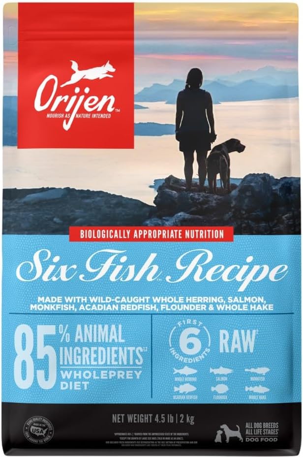ORIJEN Grain Free Poultry Free High Protein Dry Dog Food Six Fish Recipe 4.5lb Bag
