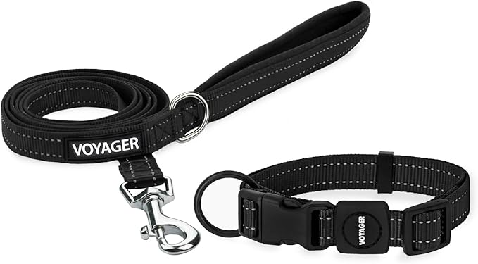 Voyager Reflective Dog Leash Collar Set with Neoprene Handle Supports Small, Medium, and Large Breed Puppies, Cute and Heavy Duty for Walking, Running, and Training - Black, L