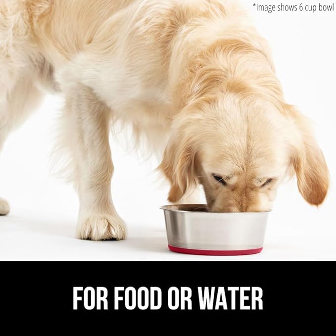 GORILLA GRIP Stainless Steel Metal Dog Bowl, Rubber Base, Heavy Duty Feeding Dish, Food Grade BPA Free, Less Sliding on Floors, Quiet Pet Bowl for Cats and Dogs, Holds 8 Cups (64 fl oz), Red