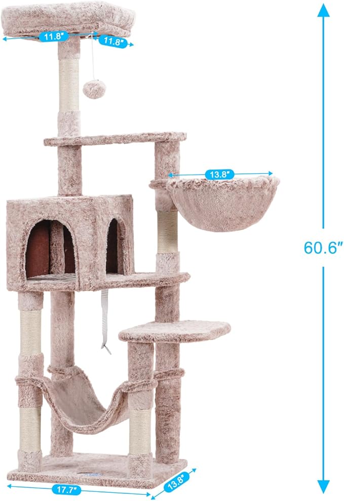 Hey-brother Cat Tree with Large Hammock, Multi-Level Cat Tower for Indoor Cats, Cat Condo with Sisal-Covered Scratching Posts and Top Perch, Muchroom MPJ050MU