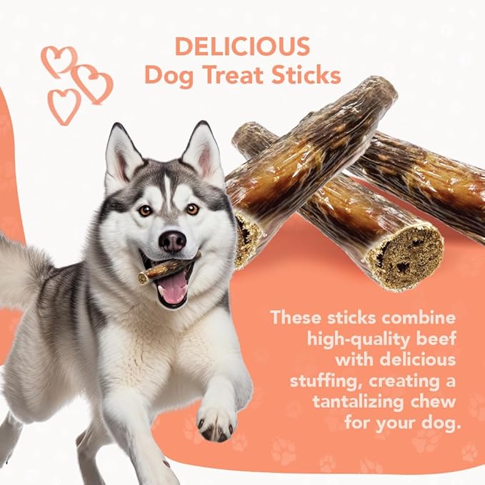 Premium Stuffed Sticks for Dogs – Long-Lasting Beef Dog Chews, Odor-Free, All Natural & Healthy High Protein Reward Treats, Great Tasting Dog Treat Chews (8 Sticks, 4 Pack)