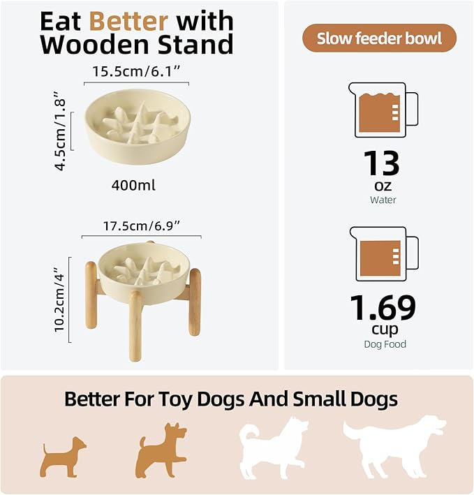 6.1inch Ceramic Dog Raised Slow Feeder Set, Elevated Bowl with Wooden Stand for Small Dog, Pet Slow Feeder Dish for Fast Easters, Preventing Choking (Beige, Single Bowl+ Stand)