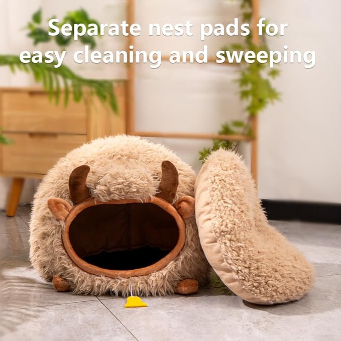 Cute Cat Bed Cave for Indoor Highland Cow Shaped Pet Plush House Self-Warming Nest Small Dogs Rabbits with Removable Cushion for Puppy Bed with Hanging Toy