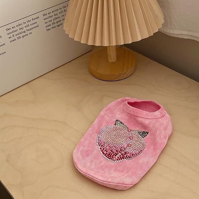 Washed Cotton Pet Vest with Rhinestone Fruit Designs, Soft & Stylish Small Dog Cat Vest for Spring Summer, Breathable & Shiny (Pink-Peach, Large)