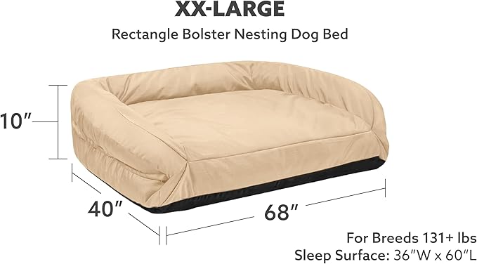 K9 Ballistics Tough Bolster Nesting Pillow XX-Large Sofa Dog Bed with Removable Washable Cover - Durable, Water Resistant with Nonskid Bottom 68"x40", Sandstone