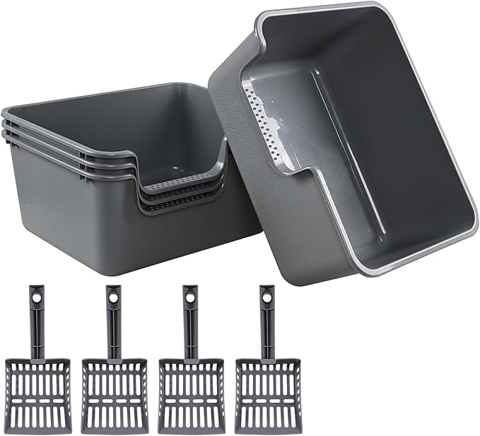 4-Pack Plastic Open Top Kitty Litter Box, Cat Litter Box with High Sides, Including 4 Scoops, Grey