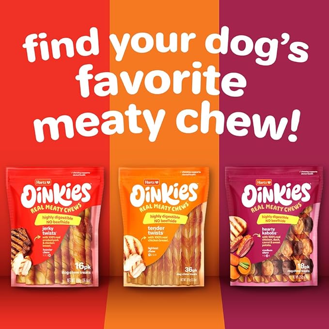 Hartz Oinkies Hearty Kabob Dog Treats with 100% Real Chicken, Duck, Sweet Potato & Carrot, Rawhide-Free, Natural Dog Treats, Highly Digestible Long Lasting Chews, 18 Count