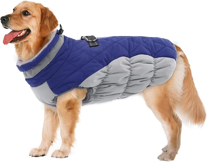 Lelepet Dog Coat Warm Dog Winter Coat Waterproof Dogs Jacket with Harness Built in Reflective Pet Fleece Vest Zip-Up Cold Weather Coats for Large Dogs Turtleneck & Windproof Coats Boxer Blue XL