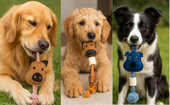 Natural Suede Leather & Rope Chew Toy with Bone for Medium to Large Dogs (Pig Shape)