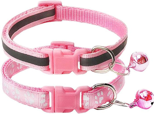 CHBORCHICEN 2-Pack Footprint & Reflective Dog Collar with Bell Basic Dogs Collar Buckle Adjustable (Small, Pink)