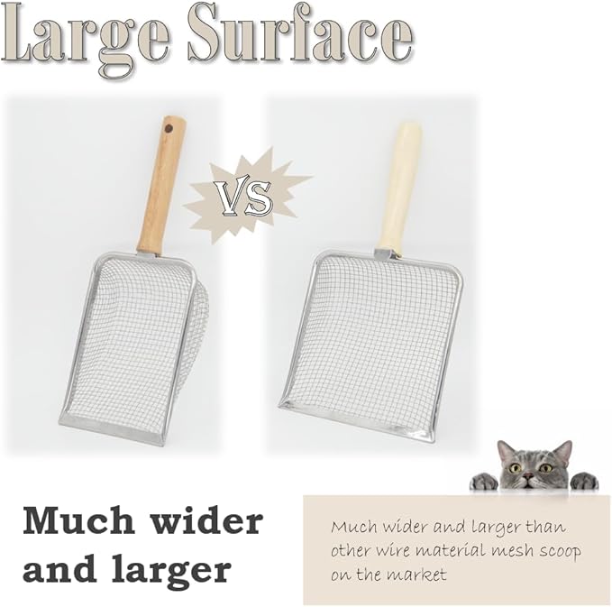 Fine Cat Litter Scoop, Stainless Steel Mesh Scooper, Kitty Metal Scooper for Litter Box Kitten Pooper, Wide Rabbit Poop Lifter with Beech Handle