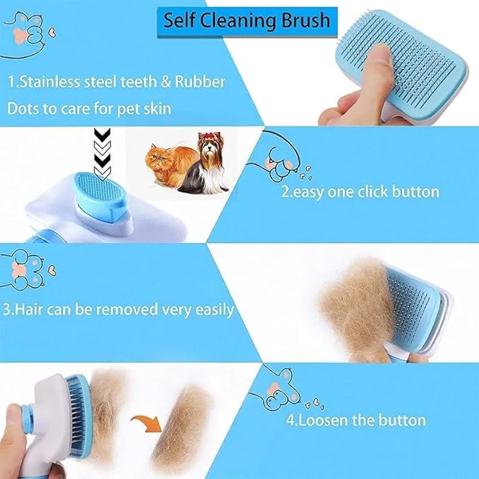 Generic Pet Grooming Brush, Blue - Self Cleaning Hair Brush for Dogs and Cats, Removes Loose Undercoat, Bristles with Massage Particles, Ergonomic Handle, For Long or Short Hair Breeds
