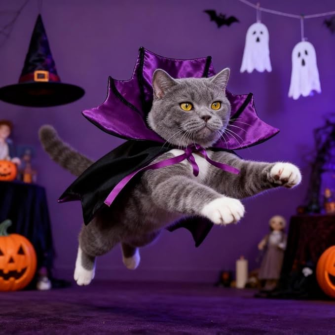 Halloween Pet Costume Premium Cape for Cats and Small Dogs - Adjustable Vampire Cloak, Wizard & Witch Cosplay Outfit with Secure Tie-good cat halloween costumes Closure for Halloween,Christmas（purple）