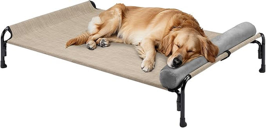 Veehoo Large Elevated Dog Bed, Outdoor Raised Dog Cot Hammock Bed with One-Sided Removable Headrest Bolster, Cooling Breathable Washable Teslin Mesh, Off Ground, Anti-Slip, XL, CWC2204BCP