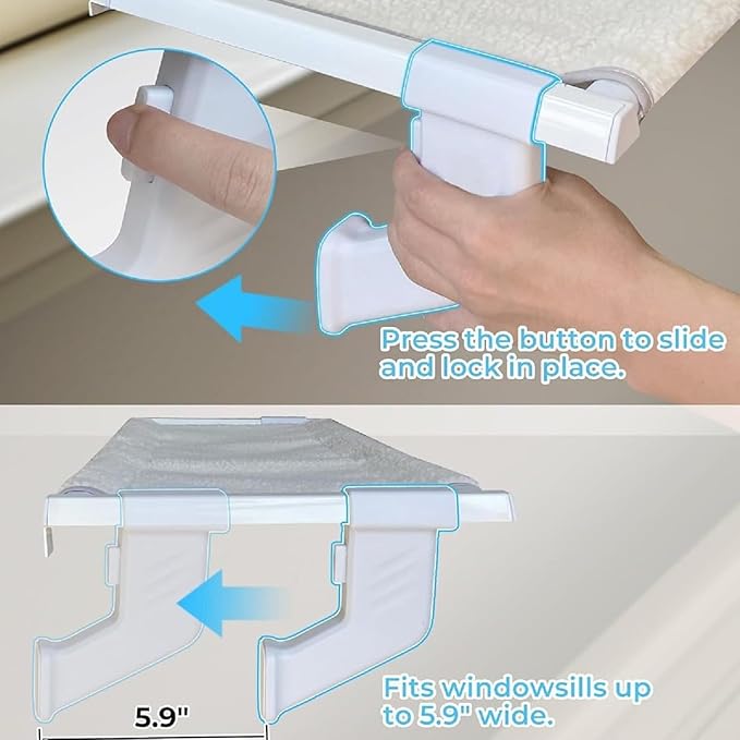 Cat Bed Window Sill Perch,Adjustable Cat Bedside Hammock Metal Frame Kitten Shelf Windowsill for Indoor Large Heavy Cats No Drilling Window Sill Extender for Pets (White, M)