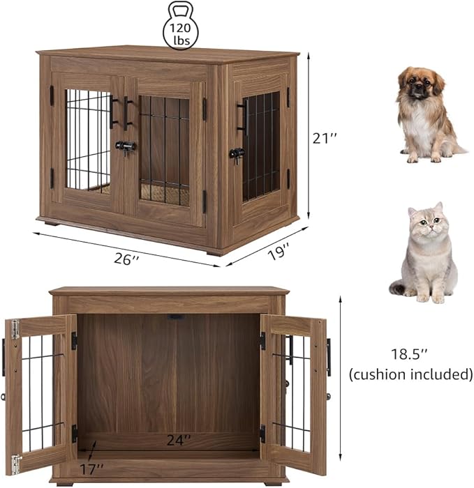 beeNbkks Furniture Style Dog Crate End Table, Double Doors Wooden Wire Dog Kennel with Pet Bed, Decorative Pet Crate Dog House Indoor Medium Large