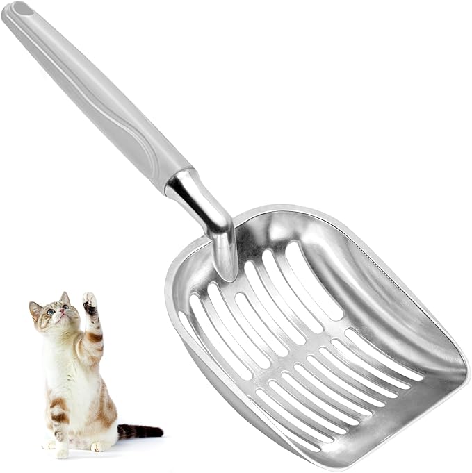 Cat Litter Scoop, Metal Cat Scooper, Plastic Handle Scoop, Sifting Shovel – Heavy Duty Aluminum Alloy Litter Box Scoop with Deep Mesh, Design for Easy Waste Removal and Cleaning(Gray)