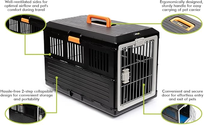 USA Pet Carrier & Crate 35" - Premium Collapsible Design for Medium Cats and Dogs - Portable Kennel for Indoor/Outdoor - 360° Ventilation & Hard Plastic Wall Protection (Orange Handle, Medium)