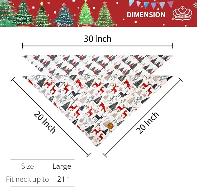 CROWNED BEAUTY Christmas Dog Bandanas Reversible Large 2 Pack, Forest Reindeer Set, Adjustable Triangle Scarves for Medium Large Extra Large Dogs Girl Boy Pets DB85-L