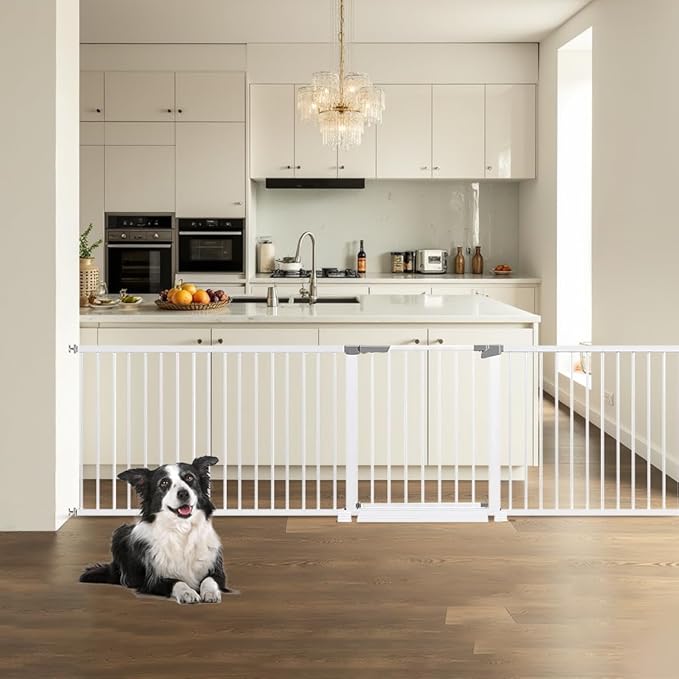 61"-113" Extra Wide Baby Gate for Stairs. Large Child Gate Extra Long. Auto Close Safety Baby Gates, Durability Dog Gate for The House, Doorways. Gates for Dogs Indoor, White Pressure Pet Gate.