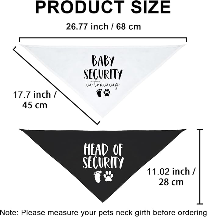 2 Pack Baby Security in Training and Head of Security, Dog Bandanas for Pregnancy Baby Announcement for Small Medium Large, Pet Announcements, Soft Breathable Fabric for Puppy Cats (Black&White)