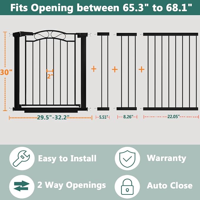 Black Baby Gate with Door-Walk Through Baby Gates for Stairs Pressure Mounted no Drill-Indoor Tension Metal Child Pet Dog Safety Gate 65.35"-68.11" Wide