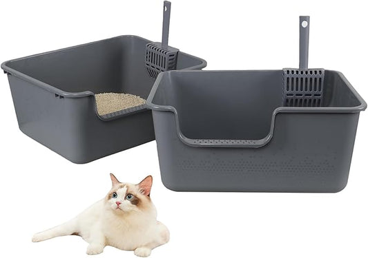 2 Pack High Side Plastic Litter Box with Cleaning Scoop, Grey Cat Litter Basin