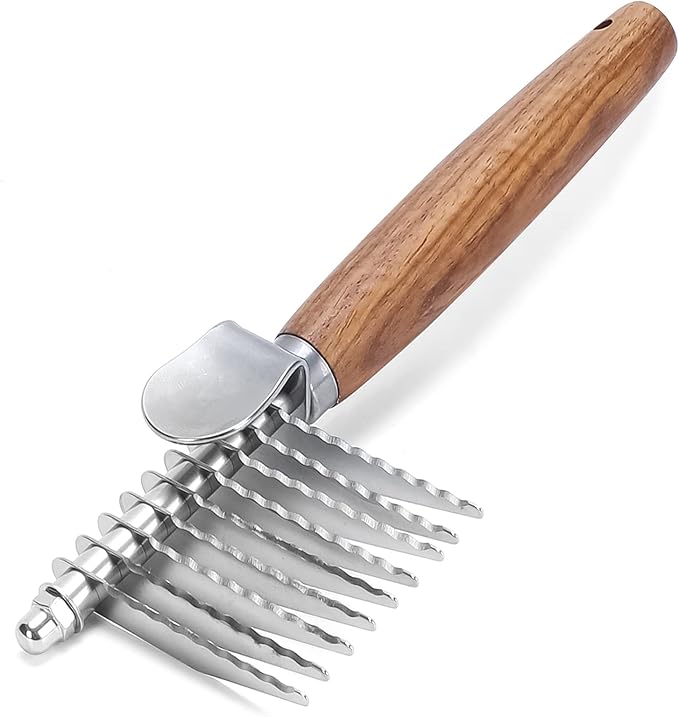 Dog Dematting Comb with Wooden Handle & Detangling Brush - Stainless Steel Undercoat Rake for Long & Thick Haired Dogs & Cats, Professional Grooming Tool for Deshedding and Matted Fur Removal