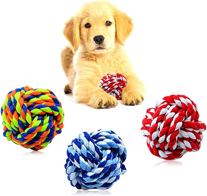 Pet Chew Toy, Knots Weave Cotton Rope, Biting Small Ball for Dogs & Cats, 3 in One Pack