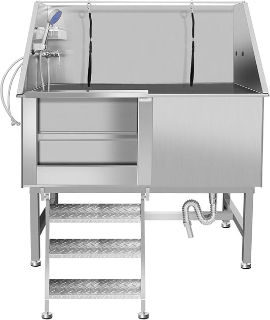 50" Pet Dog Bathing Station W/Stairs, Professional Stainless Steel Dog Grooming Tub W/Soap Box, Faucet,Rich Accessory, Dog Bathtub for Large,Medium,Small Pets, Washing Sink for Home (50" Left ramp)