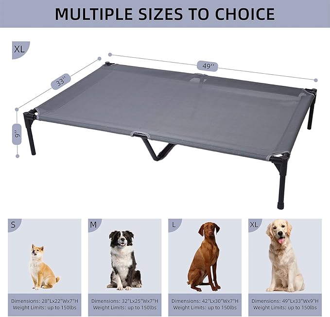 pettycare Elevated Outdoor Dog Bed - Dog Cots for Large Dogs XL, Heavy Duty Raised Cot Waterproof, Cooling Pets Bed with Washable Durable Teslin Mesh and Non Slip Feet, 49 Inches, Grey
