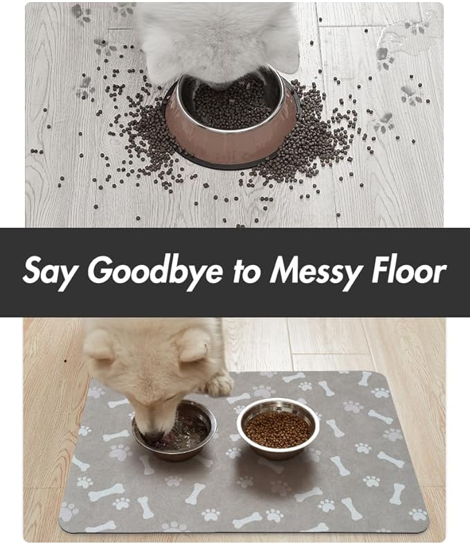 MontVoo Dog Food Mat-Pet Feeding Mat for Food and Water-No Stains Quick Dry Dispenser Cat Bowl Mat for Messy Drinkers(23"X34" Grey)
