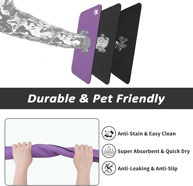 Pet Feeding Mat - Absorbent Dog Mat for Food and Water, No Stains Cat Bowl Mat, Easy to Clean Pet Placemats, Quick Dry Dog Water Dispenser Mat for Messy Drinkers | Paw Purple 18"x34"