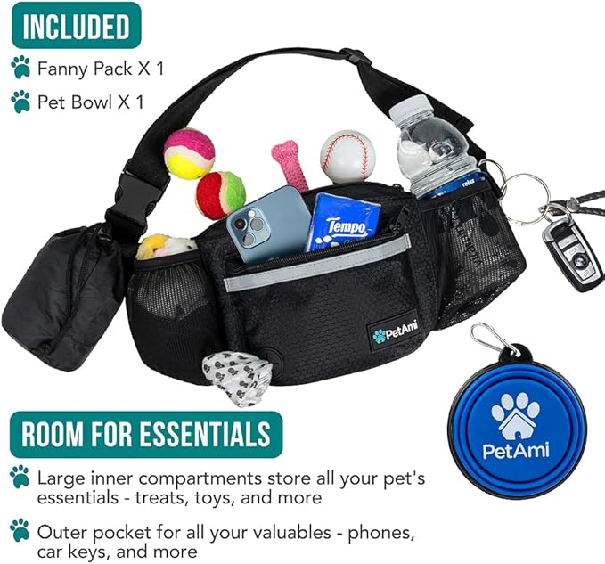 PetAmi Dog Fanny Pack, Treat Pouch for Dog Walking, Training, Built in Poop Bag Dispenser, Water Bottle Holder, Collapsible Bowl, Pet Treat Waist Belt for Hiking, Running, Kibbles (Black)