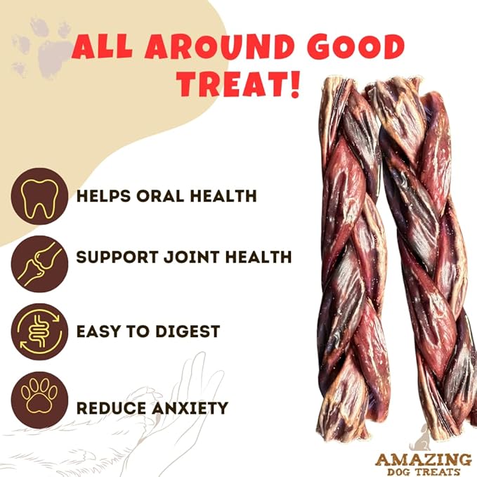 Amazing Dog Treats - 6 Inch Braided Gullet Stick (8 Pc/Pack) - Beef Esophagus Dog Treats